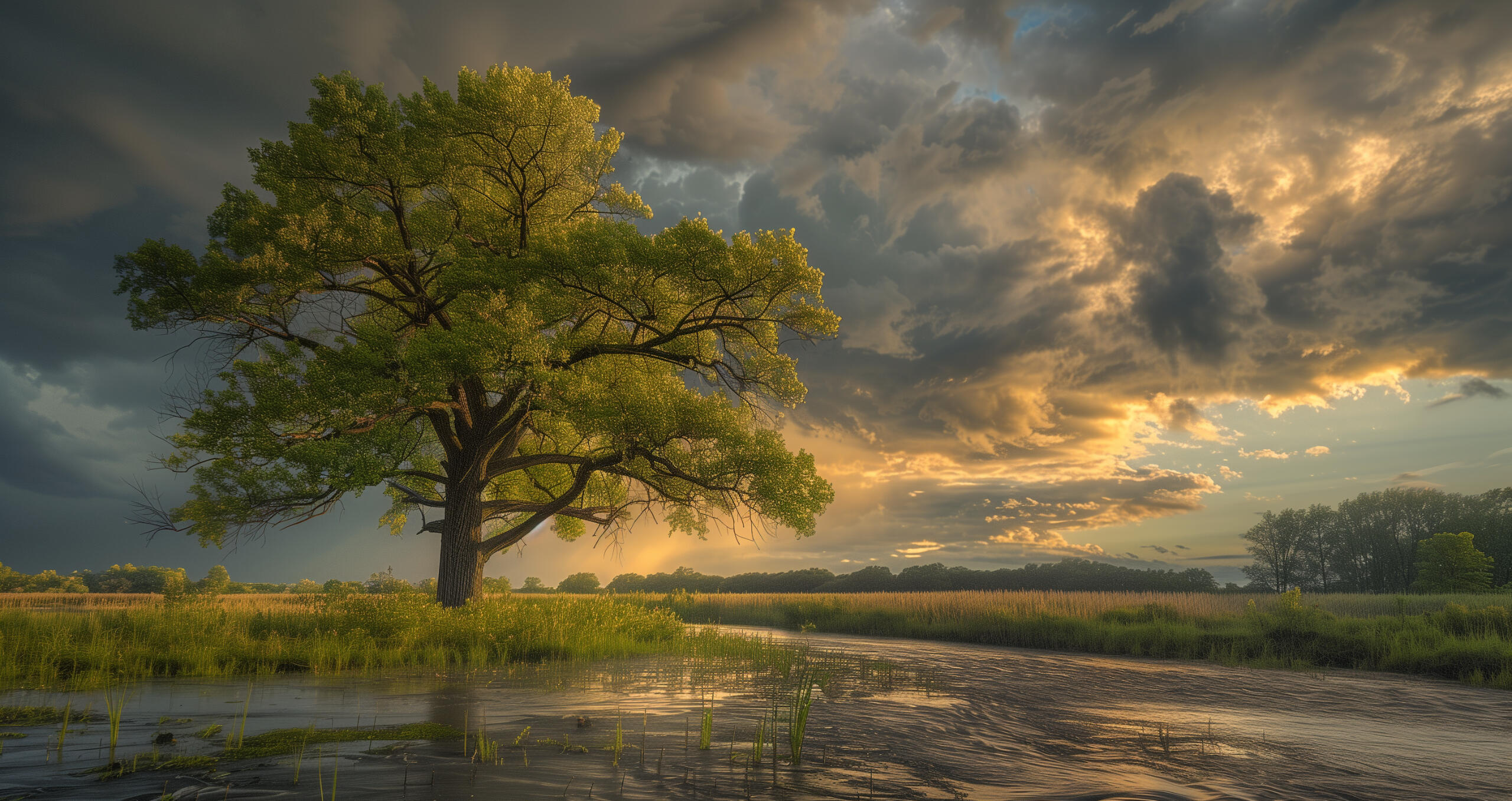 Oak tree and reed withstanding defoliation alongside a muddy river during a midwestern thunderstorm