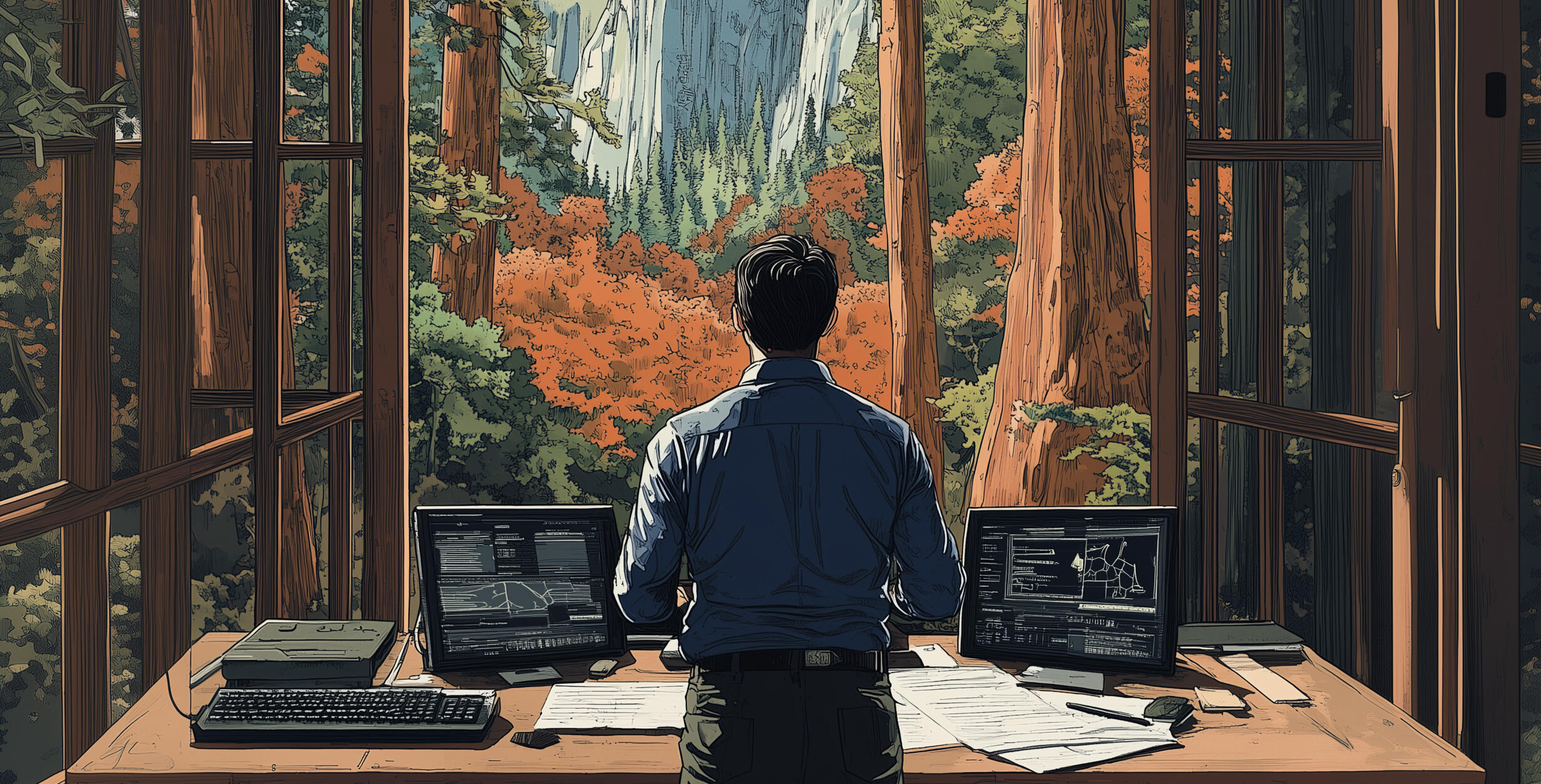 a 36 year old son of immigrants in a business casual outfit is standing at a desk, planning corporate wargames on digital devices with a redwood forest in the background. the style is traditional Japanese woodblock print art